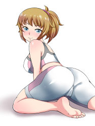 Rule 34 | 10s, 1girl, ass, bare shoulders, barefoot, bent over, bike shorts, blue eyes, blush, breasts, brown hair, cameltoe, covered erect nipples, from behind, gundam, gundam build fighters, gundam build fighters try, highres, hoshino fumina, large breasts, long hair, looking at viewer, looking back, midriff, pants, ponytail, scrunchie, shirt, sideboob, simple background, smile, solo, sports bra, tight clothes, tight pants, tight shirt, toes, two-tone sports bra, uesugi kyoushirou, white background
