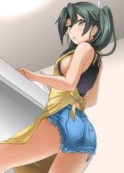 Rule 34 | 1girl, :o, absurdres, akito (sub707), alternate costume, annoyed, apron, ass, black shirt, blue shorts, blush, breasts, brown apron, casual, commentary request, cutoff jeans, cutoffs, dark green hair, denim, denim shorts, from below, green hair, hair between eyes, hair ribbon, highres, holding, holding knife, kantai collection, kitchen knife, knife, long hair, looking at viewer, looking back, looking down, medium breasts, no bra, ribbon, shirt, short shorts, shorts, sideboob, sleeveless, sleeveless shirt, solo, table, twintails, white ribbon, yellow eyes, zuikaku (kancolle)