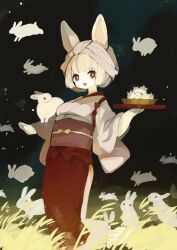 Rule 34 | 1girl, absurdres, animal, animal ears, animal on arm, apron, blonde hair, blunt bangs, bright pupils, commentary request, dark background, grass, hand up, headwear request, highres, holding, holding plate, japanese clothes, kimono, long sleeves, looking at viewer, night, obi, obiage, obijime, open mouth, original, outdoors, pale skin, plate, rabbit, rabbit ears, rabbit girl, red apron, red eyes, sakutake (ue3sayu), sash, short hair, smile, solo, white kimono, white pupils, wide sleeves