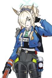 1girl animal_ear_fluff animal_ears black_gloves blonde_hair blue_archive blue_eyes blue_halo cosplay crossover dog_ears dog_girl gloves gun halo highres holding holding_gun holding_weapon kanna_(blue_archive) maven_(madeinheaven_23) police police_uniform policewoman solo trait_connection weapon zenless_zone_zero zhu_yuan zhu_yuan_(cosplay)