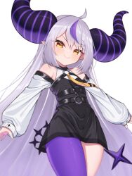 Rule 34 | &gt;:), 1girl, absurdly long hair, ahoge, arms at sides, bare shoulders, black dress, black horns, blush, braid, braided bangs, closed mouth, clothing cutout, commentary, cowboy shot, demon girl, demon horns, dress, fake tail, fang, fang out, grey hair, highres, hololive, horns, la+ darknesss, long hair, maru039, multicolored hair, narrow waist, official alternate hair length, official alternate hairstyle, pantyhose, petite, pinafore dress, pointy ears, purple hair, purple horns, purple pantyhose, shirt, shoulder cutout, single leg pantyhose, skin fang, sleeveless dress, solo, streaked hair, striped horns, tail, thick thighs, thighs, v-shaped eyebrows, very long hair, virtual youtuber, white hair, white shirt