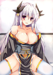 Rule 34 | 1girl, breasts, collarbone, dragon girl, dragon horns, fate/grand order, fate (series), girl on top, gold trim, grey hair, horns, japanese clothes, kiyohime (fate), kiyohime (third ascension) (fate), large breasts, long hair, multiple horns, no bra, no panties, obi, pelvic curtain, pov, red eyes, ryokushiki (midori-ya), sash, solo focus, straddling, thighhighs, very long hair, white thighhighs, wide sleeves