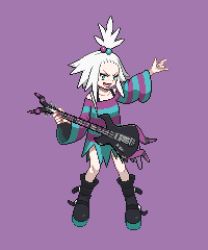 Rule 34 | 1girl, 4091, :d, bass guitar, black footwear, boots, commentary request, creatures (company), dress, freckles, full body, game freak, hair bobbles, hair ornament, holding, holding instrument, instrument, looking at viewer, nintendo, open mouth, outstretched arm, pixel art, platform boots, platform footwear, pokemon, pokemon bw2, purple background, roxie (pokemon), simple background, smile, solo, spiked hair, standing, striped clothes, striped dress, teeth, tongue, topknot, two-tone dress, white hair