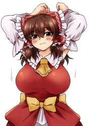 Rule 34 | 1girl, arms up, ascot, blush, bouncing breasts, bow, breasts, brown eyes, brown hair, commentary, cookie (touhou), curvy, detached sleeves, dress, hair between eyes, hakurei reimu, half-closed eyes, kanna (cookie), large breasts, long hair, looking at viewer, mature female, meis (terameisu), petticoat, smile, solo, thick eyebrows, touhou