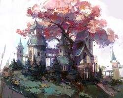 Rule 34 | architecture, castle, cherry blossoms, commentary, english commentary, grass, hermitcraft, highres, in-universe location, minecraft youtube, no humans, outdoors, painterly, scenery, sevenchi, signature, sky, tree, window