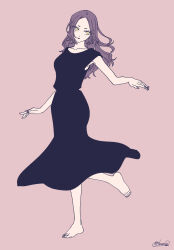 Rule 34 | 1girl, barefoot, black dress, breasts, collarbone, commentary request, dress, full body, highres, long hair, medium breasts, original, parted lips, pink background, purple hair, sakashima 0822, signature, simple background, sleeveless, sleeveless dress, solo, standing, standing on one leg, yellow eyes
