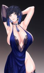 Rule 34 | 1girl, armpits, arms up, asymmetrical gloves, bare shoulders, blue dress, bob cut, breasts, cero rains, cleavage, curvy, diagonal bangs, dice, dress, ear piercing, earrings, evening gown, genshin impact, gloves, gradient background, green eyes, halterneck, highres, huge breasts, jewelry, looking to the side, mole, mole on breast, multicolored hair, neck tassel, piercing, resolution mismatch, short hair, source smaller, tassel choker, thighhighs, tongue, tongue out, yelan (genshin impact)