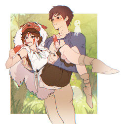 Rule 34 | 1boy, 1girl, armlet, ashitaka, blue sleeves, blush, border, breasts, brown eyes, brown hair, brown pants, brown shirt, brown shorts, brown socks, cape, carrying, collarbone, cowboy shot, dagger, earrings, eating, facepaint, facial mark, film grain, food, full body, fur cape, hand on another&#039;s back, hand on another&#039;s thigh, hands up, highres, holding, holding food, hood, hooded cape, jewelry, knife, kodama, long sleeves, looking to the side, mononoke hime, muscular, muscular male, nagatekkou, necklace, outdoors, outside border, pants, parted bangs, parted lips, pout, princess carry, san (mononoke hime), shirt, short hair, shorts, sleeveless, sleeveless shirt, small breasts, socks, standing, tank top, teeth, tooth necklace, undershirt, weapon, white border, white fur, white tank top, zaket07