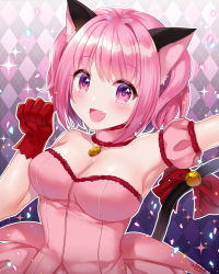 Rule 34 | 1girl, :d, animal ears, argyle, argyle background, argyle clothes, bell, blush, breasts, cat ears, cat tail, choker, cleavage, commentary request, dress, fang, gloves, jingle bell, looking at viewer, medium breasts, mew ichigo, momomiya ichigo, naomi (fantasia), open mouth, pink choker, pink dress, pink eyes, pink hair, red gloves, short hair, smile, solo, sparkle, sparkle background, tail, tail bell, tail ornament, tokyo mew mew, twintails