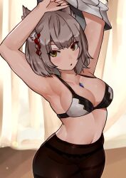 Rule 34 | absurdres, animal ears, armpits, arms up, black bra, black pantyhose, bra, braid, breasts, cat ears, chest jewel, cleavage, commentary request, core crystal (xenoblade), grey hair, highres, looking at viewer, medium breasts, mio (xenoblade), navel, open mouth, panties, panties under pantyhose, pantyhose, short hair, solo, thighband pantyhose, two-tone bra, underwear, undressing, white bra, xenoblade chronicles (series), xenoblade chronicles 3, yellow eyes, yotsuha uni