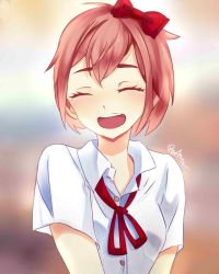 Rule 34 | 1girl, bow, collared shirt, doki doki literature club, closed eyes, hair bow, highres, pink hair, sayori (doki doki literature club), school uniform, shirt, smile, solo