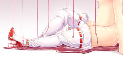 Rule 34 | 1girl, breasts, collar, head out of frame, high heels, hip focus, ichirino minagi, ooze, original, out of frame, red footwear, ribbon-trimmed thighhighs, ribbon trim, shoes, sitting, solo, stomach, sweat, thighhighs, thighs, topless, white thighhighs