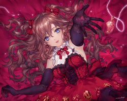 Rule 34 | 1girl, :3, black gloves, blue eyes, bottle, brown hair, commentary request, dress, earrings, elbow gloves, gloves, hair ribbon, highres, ichinose shiki, idolmaster, idolmaster cinderella girls, jewelry, long hair, looking at viewer, lying, michudx, necklace, on back, open mouth, outstretched hand, pearl necklace, perfume bottle, petals, red dress, ribbon, signature, solo, wavy hair