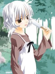 Rule 34 | 1girl, black eyes, character request, dated, flat chest, noto (soranoto), original, popsicle, revision, ribbon, solo, tongue, wavy hair, white hair