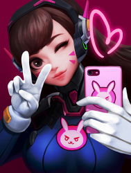 Rule 34 | 1girl, absurdres, bad id, bad pixiv id, brown eyes, brown hair, closed mouth, d.va (overwatch), facial mark, gloves, headphones, heart, highres, holding, holding phone, long hair, one eye closed, overwatch, overwatch 1, phone, pink background, selfie, smile, solo, upper body, v, whisker markings, white gloves, yoons