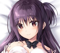 Rule 34 | 1girl, asagiri nozomi, bare shoulders, bed sheet, black bow, black bowtie, blush, bow, bowtie, bra, brown eyes, closed mouth, collarbone, cropped, eyes visible through hair, hair between eyes, hand on own chest, hand up, long hair, looking at viewer, lying, on back, one side up, oryo (oryo04), pretty x cation, purple hair, smile, solo, underwear, white bra
