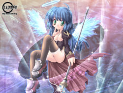 Rule 34 | 1girl, angel, blue hair, breastless clothes, breasts, breasts out, female pubic hair, flying, garter straps, green eyes, highres, ishihara masumi, long hair, no panties, nurse, priest, priest (ragnarok online), pubic hair, pussy, ragnarok online, side slit, smile, solo, thighhighs, uncensored, wallpaper, wings
