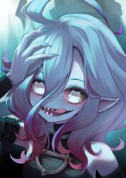 Rule 34 | 1girl, absurdres, blue nails, briar (league of legends), colored sclera, colored skin, fingernails, grey hair, hair between eyes, hand on own head, highres, league of legends, long hair, looking at viewer, momikodayo, multicolored hair, nail polish, no pupils, pointy ears, red sclera, sharp fingernails, sharp teeth, sidelocks, simple background, smile, solo, streaked hair, teeth, tongue, tongue out, two-tone hair, upper body, vampire, white eyes
