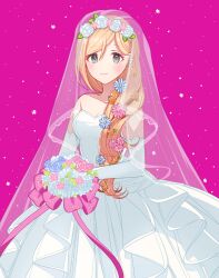 Rule 34 | 1girl, blonde hair, blush, bouquet, breasts, bridal veil, cleavage, collarbone, commentary request, dress, elbow gloves, flower, fujimoto rina, gloves, hair flower, hair ornament, hair over shoulder, head wreath, holding, holding bouquet, ich., idolmaster, idolmaster cinderella girls, light smile, long hair, looking at viewer, medium breasts, pink background, solo, strapless, strapless dress, veil, very long hair, wedding dress, white dress, white gloves