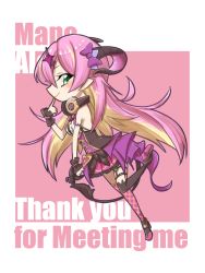Rule 34 | 1girl, asymmetrical horns, asymmetrical legwear, bare shoulders, blonde hair, bow, breasts, character name, commentary, full body, garter straps, green eyes, hair ornament, headphones, headphones around neck, hololive, horn bow, horn ornament, horns, long hair, looking at viewer, mano aloe, multicolored hair, pink hair, pointy ears, solo, tecchiri, thank you, thigh strap, thighhighs, two-tone hair, uneven horns, uneven legwear, virtual youtuber