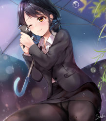 Rule 34 | 1girl, ;), animal, black hair, black jacket, black pantyhose, black skirt, blue umbrella, blush, breasts, brown eyes, cat, closed mouth, collared shirt, commentary request, dress shirt, formal, hands up, holding, holding animal, jacket, lace, lace panties, medium breasts, one eye closed, original, panties, panties under pantyhose, pantyhose, parted bangs, rain, shirt, signature, skirt, skirt suit, smile, solo, suihi, suit, thighband pantyhose, umbrella, underwear, water drop, white shirt