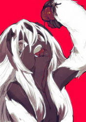 Rule 34 | 1girl, arm up, blood, blood on chest, blood on face, character request, commentary request, dark-skinned female, dark skin, dripping, faputa, flat chest, fur, grey eyes, hair between eyes, hair over breasts, highres, holding, long hair, looking at viewer, made in abyss, monster girl, nude, open mouth, pink background, sharp teeth, sidelocks, simple background, solo, symbol-shaped pupils, teeth, tomii (tomp son), tongue, tongue out, upper body, very dark skin, white fur, white hair