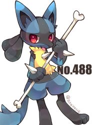 Rule 34 | 1boy, animal ears, animal feet, animal hands, artist name, black fur, blue fur, blush, body fur, bone, closed mouth, creatures (company), furry, furry male, game freak, gen 4 pokemon, hand up, happy, holding, holding bone, looking at viewer, lucario, male focus, multicolored fur, nintendo, pokedex number, pokemon, pokemon (creature), red eyes, shira (sirairo116), signature, smile, snout, solo, spikes, standing, tail, tongue, tongue out, twitter username, wolf boy, wolf ears, wolf tail, yellow fur