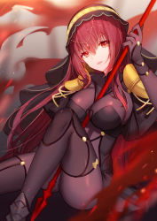 Rule 34 | 1girl, armor, between breasts, bison cangshu, bodysuit, breasts, commentary request, eyes visible through hair, fate (series), gae bolg (fate), gem, hair between eyes, hair ornament, holding, holding weapon, large breasts, long hair, looking at viewer, parted lips, pauldrons, polearm, purple bodysuit, purple hair, red eyes, scathach (fate), shoulder armor, sitting, solo, spear, very long hair, weapon