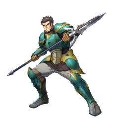 Rule 34 | 1boy, armor, beard, black eyes, black hair, chainmail, clenched teeth, dai-xt, facial hair, fire emblem, fire emblem: the sacred stones, fire emblem heroes, gilliam (fire emblem), green armor, holding, holding polearm, holding weapon, leg armor, male focus, nintendo, official art, pants, polearm, shoulder armor, solo, teeth, v-shaped eyebrows, weapon, white background