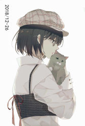 Rule 34 | 1girl, absurdres, animal, bad id, bad pixiv id, black eyes, black hair, bob cut, cabbie hat, carrying, cat, dated, ear piercing, earrings, from side, glasses, glint, hand up, hat, highres, jewelry, jpeg artifacts, lococo:p, long sleeves, looking at viewer, original, parted lips, piercing, profile, shirt, short hair, sidelocks, simple background, solo, upper body, white-framed eyewear, white background, white hat, white shirt