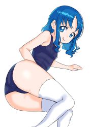 Rule 34 | 1girl, :q, absurdres, ass, blue eyes, blue hair, from behind, heartcatch precure!, highres, kuppipi ramutarou, kurumi erika, legs, looking back, lying, on side, one-piece swimsuit, precure, school swimsuit, short hair, simple background, smile, solo, swimsuit, thighhighs, thighs, tongue, tongue out, white background, white thighhighs