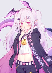 Rule 34 | 1girl, arknights, belt, berineko, berineko, black jacket, black pants, blush, commentary request, cowboy shot, crop top, grey background, groin, hair ornament, hairclip, hand up, head wings, hood, hooded jacket, jacket, long hair, long sleeves, manticore (arknights), midriff, nail polish, navel, pants, parted lips, partial commentary, pink eyes, pointy ears, purple hair, purple nails, scorpion tail, shirt, sidelocks, simple background, solo, stomach, tail, twintails, white belt, white shirt, wide sleeves, wings