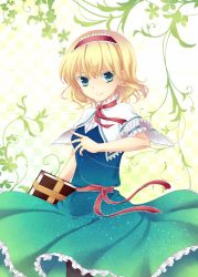 Rule 34 | 1girl, alice margatroid, bad id, bad pixiv id, blonde hair, blue eyes, book, capelet, colored eyelashes, dress, embellished costume, female focus, frills, green eyes, grimoire, grimoire of alice, hairband, kai aki, light particles, pantyhose, puppet rings, puppet strings, ribbon, ring, short hair, smile, solo, string, touhou, tsurime