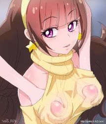 Rule 34 | 10s, 2015, 2girls, amanogawa kirara, bad id, bad pixiv id, bare shoulders, grabbing another&#039;s breast, breasts, brown hair, covered erect nipples, dated, earrings, eyebrows, ginko (silver fox), go! princess precure, grabbing, halterneck, hand under clothes, jewelry, long hair, multiple girls, precure, purple eyes, ribbed sweater, small breasts, solo focus, star (symbol), star earrings, sweater, twintails, watermark, web address, yuri