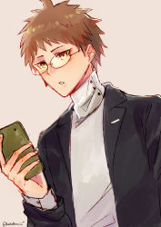 Rule 34 | 1boy, ahoge, bespectacled, black jacket, brown eyes, brown hair, cellphone, commentary, danganronpa (series), danganronpa 2: goodbye despair, english commentary, glasses, grey shirt, hakamii, hand up, highres, hinata hajime, holding, holding phone, jacket, long sleeves, male focus, open clothes, open jacket, parted lips, phone, rimless eyewear, shirt, short hair, simple background, sitting, solo, teeth, turtleneck, twitter username