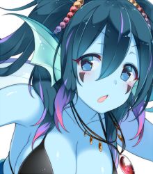 Rule 34 | 1girl, bad id, bad twitter id, bikini, black bikini, blue eyes, blue hair, blue skin, breasts, cleavage, colored skin, facial mark, fins, hair between eyes, head fins, jewelry, large breasts, looking at viewer, mermaid, monster girl, necklace, original, parted lips, solo, suruga (xsurugax), swimsuit, transparent background