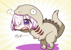 Rule 34 | 1girl, :d, blush, chibi, commentary request, cosplay, emphasis lines, fang, fate/grand order, fate (series), godzilla (series), hair over one eye, highres, jako (jakoo21), looking at viewer, mash kyrielight, monster in kamata, monster in kamata (cosplay), one eye covered, open mouth, purple eyes, purple hair, shin godzilla, short hair, smile, solo, standing, v-shaped eyebrows