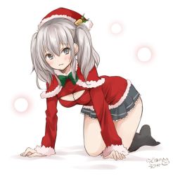 Rule 34 | 1girl, all fours, artist name, black legwear, black skirt, blush, breasts, cleavage, cleavage cutout, clothing cutout, full body, grey eyes, hair ornament, hat, kantai collection, kashima (kancolle), long hair, looking at viewer, medium breasts, miniskirt, parted lips, pleated skirt, ragho no erika, santa costume, santa hat, silver hair, simple background, skirt, smile, solo, twintails, white background