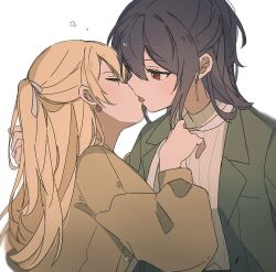 Rule 34 | 2girls, bang dream!, black hair, blonde hair, blush, bow, brown footwear, closed eyes, dangle earrings, earrings, facing another, french kiss, green jacket, hair bow, half updo, high ponytail, jacket, jewelry, kiss, long hair, long sleeves, multiple girls, open mouth, red eyes, seri (vyrlw), seta kaoru, shirasagi chisato, tongue, tongue out, turtleneck, twintails, white background, white bow, yuri