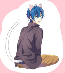 Rule 34 | 1boy, akiyoshi (tama-pete), animal ears, black shirt, blue eyes, blue hair, cat ears, cat tail, collared shirt, ear piercing, from behind, hair between eyes, jitome, kaito (vocaloid), looking at viewer, looking back, male focus, on floor, pants, parted lips, piercing, shirt, simple background, sitting, solo, tail, upper body, vocaloid, yellow pants