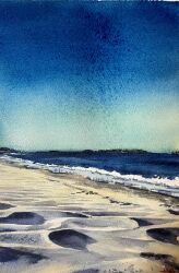 Rule 34 | beach, blue sky, commentary request, highres, horizon, no humans, ocean, original, painting (medium), sand, scenery, shadow, shibakaka, shore, sky, sunlight, traditional media, water, waves