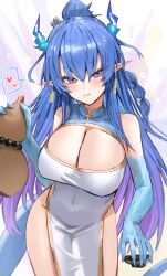 Rule 34 | 1girl, arknights, blue eyes, blue hair, braid, breasts, covered navel, dragon girl, dragon horns, dress, earrings, highres, holding, horn/wood, horns, huge breasts, jewelry, ling (arknights), long hair, looking at viewer, multicolored hair, pelvic curtain, pointy ears, smile, solo, tail, turtleneck, turtleneck dress, very long hair
