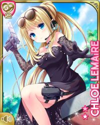 Rule 34 | 1girl, black dress, blonde hair, blue eyes, card, character name, chloe lemaire, closed mouth, day, dress, elbow gloves, frown, girlfriend (kari), gloves, gun, gun holster, headset, long hair, official art, outdoors, qp:flapper, sitting, solo, sunglasses on head, tagme, weapon
