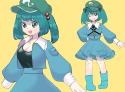 Rule 34 | 1girl, black shirt, blue eyes, blue footwear, blue jacket, blue skirt, boots, breasts, collar, collared jacket, frilled collar, frilled jacket, frills, green hat, hair bobbles, hair ornament, hat, highres, jacket, kawashiro nitori, key, long sleeves, one eye closed, open mouth, pocket, puffy long sleeves, puffy sleeves, shirt, simple background, skirt, smile, touhou, twintails, two side up, white collar, whoru, yellow background, zipper, zipper pull tab