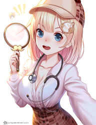 Rule 34 | 1girl, artist name, backlighting, blonde hair, blouse, blue eyes, blush, bra visible through clothes, breasts, brown hat, cleavage, collarbone, collared shirt, deerstalker, detective, eyebrows hidden by hair, hair ornament, hairclip, hat, highres, hololive, hololive english, jurrig, large breasts, long hair, long sleeves, looking at viewer, magnifying glass, necktie, open mouth, plaid, plaid skirt, reaching, reaching towards viewer, red necktie, shirt, shirt tucked in, skirt, smile, solo, teeth, upper body, upper teeth only, virtual youtuber, watermark, watson amelia, watson amelia (1st costume), web address, white background, white shirt