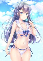 Rule 34 | 1girl, bare arms, bare shoulders, bikini, black hair, blue eyes, blue sky, blush, bow, bracelet, breasts, candy, cleavage, cloud, cloudy sky, collarbone, commentary request, cowboy shot, day, food, glint, gluteal fold, groin, hair bow, hand up, holding, holding candy, holding food, holding lollipop, jewelry, light rays, lollipop, long hair, looking at viewer, medium breasts, navel, necklace, original, sailor bikini, sailor collar, sakura moyon, side-tie bikini bottom, sidelocks, sky, solo, standing, stomach, sunlight, swimsuit, thighs, tongue, tongue out, white bikini, white bow