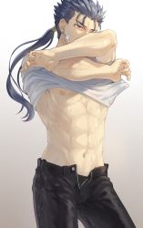 Rule 34 | 1boy, abs, black pants, blue hair, clothes lift, commentary request, cowboy shot, cu chulainn (fate), cu chulainn (fate/stay night), earrings, fate/stay night, fate (series), gradient background, grey background, highres, jewelry, long hair, male focus, mondi hl, muscular, muscular male, navel, nipples, one eye closed, open pants, pants, pectorals, ponytail, red eyes, shirt, shirt lift, simple background, solo, sweat, t-shirt, undressing, white background