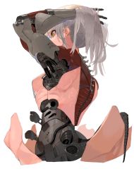 Rule 34 | 1girl, absurdres, android, breasts, from side, green eyes, grey hair, hair behind ear, hand in own hair, highres, looking ahead, mechanical arms, mechanical parts, medium breasts, original, piston, science fiction, short hair, sideboob, solo, twintails, tying hair, white background, yunimaru