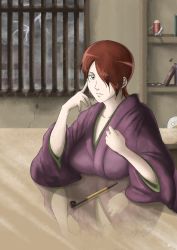 Rule 34 | absurdres, artist name, breasts, gintama, gintama character, green eyes, highres, japanese clothes, kimono, kiseru, large breasts, otter peppis, peppis, smoking pipe, proprietress, purple kimono, recycle-shop, red hair, shop
