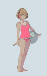 Rule 34 | 1girl, ball, bare legs, barefoot, beachball, breasts, brown eyes, brown hair, cleavage, cleavage cutout, clothing cutout, collarbone, daigoman, frilled one-piece swimsuit, frilled swimsuit, frills, full body, grey background, headphones, highres, looking at viewer, meiko (vocaloid), muted color, one-piece swimsuit, pink one-piece swimsuit, sakine meiko, short hair, small breasts, smile, solo, standing, swept bangs, swimsuit, vocaloid